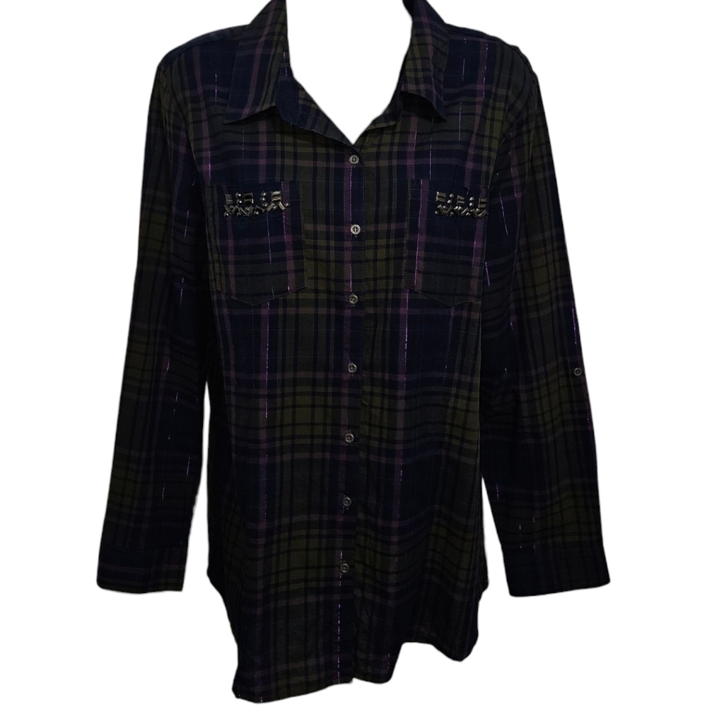 NWT Dressbarn Sparkle Plaid Button Down Adjustable Sleeve Top
